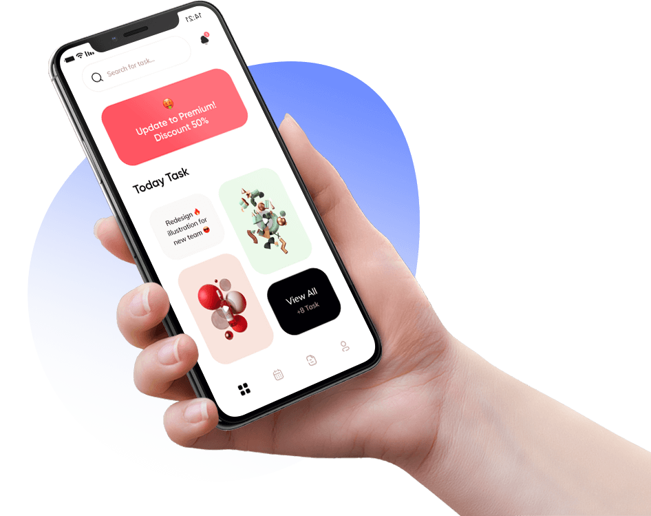 Right hand carrying touch mobile with an app appearing on screen